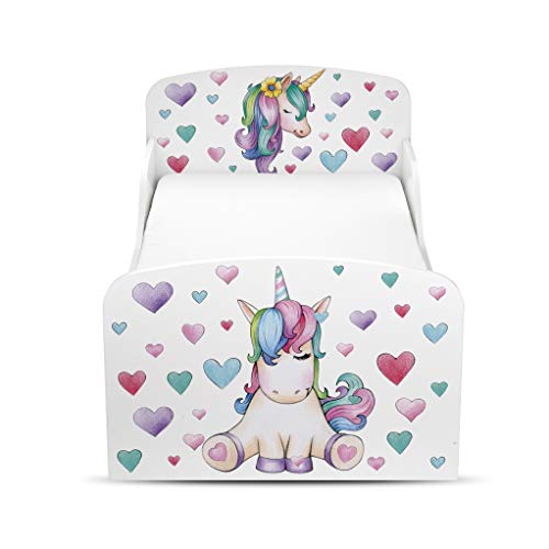 leomark Cama Infantil Completa de Madera - Unicornio - Marco de Cama, Colchón y Cajón, Somier, Blanco Muebles para Niños, Moderno Dormitorio, Espacio para Dormir: 140/70