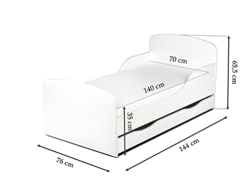 leomark Cama Infantil Completa de Madera - Unicornio - Marco de Cama, Colchón y Cajón, Somier, Blanco Muebles para Niños, Moderno Dormitorio, Espacio para Dormir: 140/70