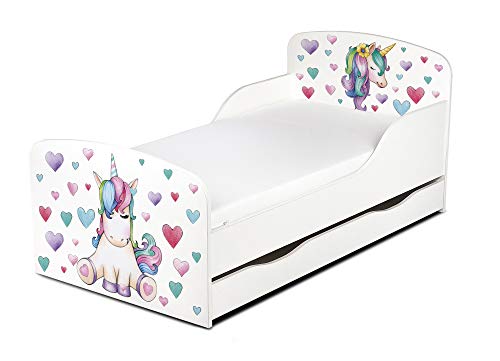 leomark Cama Infantil Completa de Madera - Unicornio - Marco de Cama, Colchón y Cajón, Somier, Blanco Muebles para Niños, Moderno Dormitorio, Espacio para Dormir: 140/70