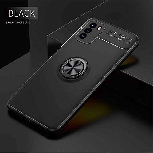 LEYAN Funda para Xiaomi Redmi 9T y 2 Piezas Cristal Templado, TPU Silicona Protección Carcasa, Bumper Caso Case Cover con Shock- Absorción y 360° Anillo Kickstand, Negro+Negro