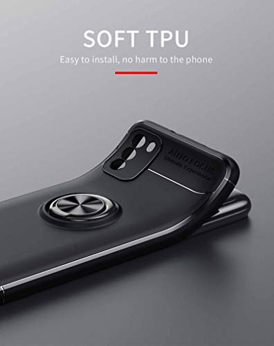 LEYAN Funda para Xiaomi Redmi 9T y 2 Piezas Cristal Templado, TPU Silicona Protección Carcasa, Bumper Caso Case Cover con Shock- Absorción y 360° Anillo Kickstand, Negro+Negro