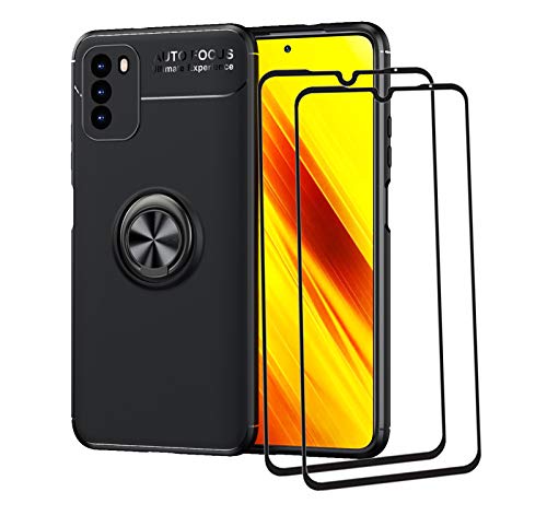 LEYAN Funda para Xiaomi Redmi 9T y 2 Piezas Cristal Templado, TPU Silicona Protección Carcasa, Bumper Caso Case Cover con Shock- Absorción y 360° Anillo Kickstand, Negro+Negro