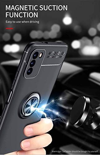 LEYAN Funda para Xiaomi Redmi 9T y 2 Piezas Cristal Templado, TPU Silicona Protección Carcasa, Bumper Caso Case Cover con Shock- Absorción y 360° Anillo Kickstand, Negro+Negro