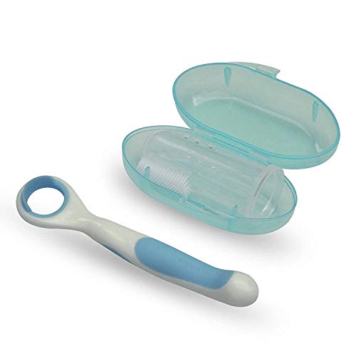 Limpiador de lengua de bebé con cepillo de dientes de dedo completo para bebés (color azul) | Raspador de lengua suave para bebés | Cuidado oral delicado para bebés