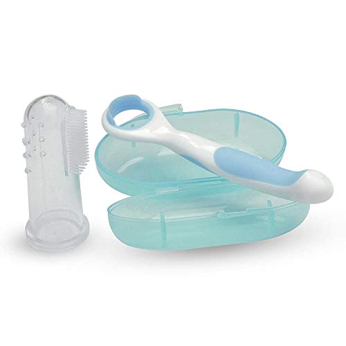 Limpiador de lengua de bebé con cepillo de dientes de dedo completo para bebés (color azul) | Raspador de lengua suave para bebés | Cuidado oral delicado para bebés