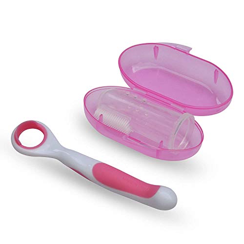 Limpiador de lengua de bebé con cepillo de dientes de dedo completo para bebés (color rosa) | Raspador de lengua suave para bebés | Cuidado oral delicado para bebés