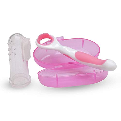 Limpiador de lengua de bebé con cepillo de dientes de dedo completo para bebés (color rosa) | Raspador de lengua suave para bebés | Cuidado oral delicado para bebés