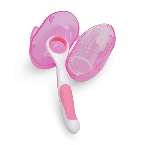 Limpiador de lengua de bebé con cepillo de dientes de dedo completo para bebés (color rosa) | Raspador de lengua suave para bebés | Cuidado oral delicado para bebés