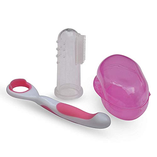 Limpiador de lengua de bebé con cepillo de dientes de dedo completo para bebés (color rosa) | Raspador de lengua suave para bebés | Cuidado oral delicado para bebés