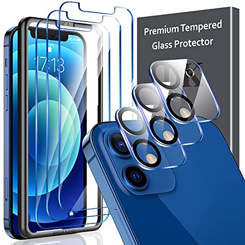 LK 6 Pack Protector de Pantalla Compatible con iPhone 12 6.1 Pulgada,Contiene 3 Pack Cristal Vidrio Templado y 3 Pack Protector de Lente de cámara, Doble Protección,Marco de Posicionamiento