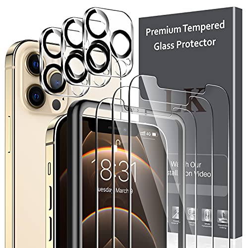 LK 6 Pack Protector de Pantalla Compatible con iPhone 12 Pro 6.1 Pulgada,Contiene 3 Pack Cristal Vidrio Templado y 3 Pack Protector de Lente de cámara, Doble Protección,Marco de Posicionamiento