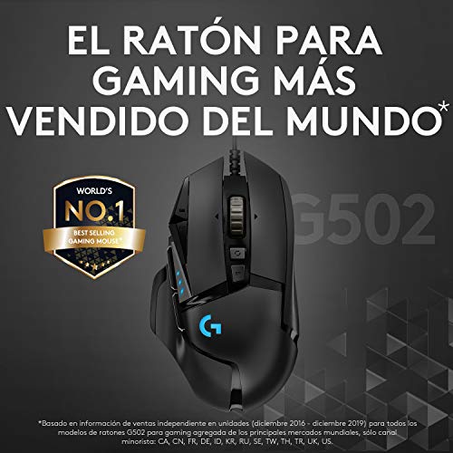 Logitech G502 HERO Ratón Gaming con Cable Alto Rendimiento, Captor HERO 25K, 25,600 DPI, RGB, Peso Personalizable, 11 Botones Programables, Memoria Integrada, PC/Mac - Negro