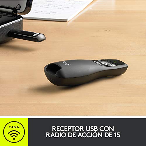 Logitech R400 Presentador Inalámbrico, 2,4 GHz con Receptor USB, Puntero Láser Digital Rojo, Distancia de 30 Metros, 6 Botones, Controles Intuitivos, Indicador de Batería, Compatible con PC, Negro