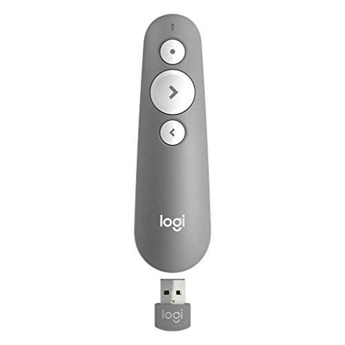 Logitech R500 Presentador Inalámbrico, 2.4 GHz con Receptor USB, Puntero Láser Digital Rojo, Distancia de 30 Metros, 6 Botones, Compatible con PC, Gris/Blanco