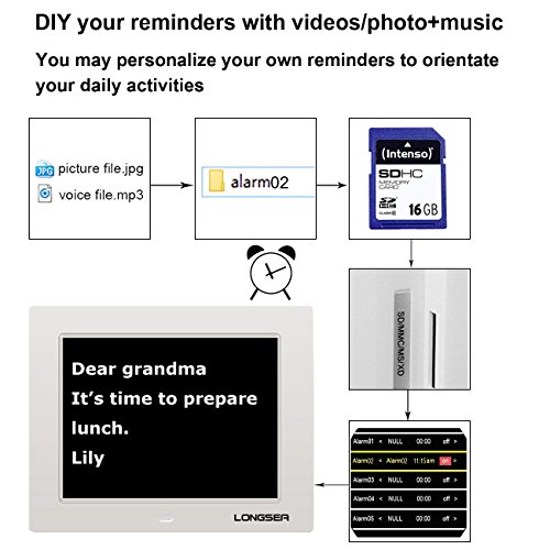 Longsea Reloj Calendario Digital 8" Multifunción Reloj Despertador Soporte de Tarjeta SD para Reproducir Fotos y Videos, 8 Alarmas Programables, para Todos Especialmente Alzheimer y Niños (Blanco)