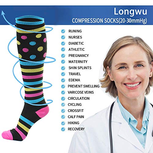 Longwu (3 pares Calcetines de Compresión Recuperación para Hombres y Mujeres (20-30 mmhg) Ideal para Dolor de Espinillas,Deportes,Dolor de Piernas,Varices,Trombosis Venosa Grave, Embarazo