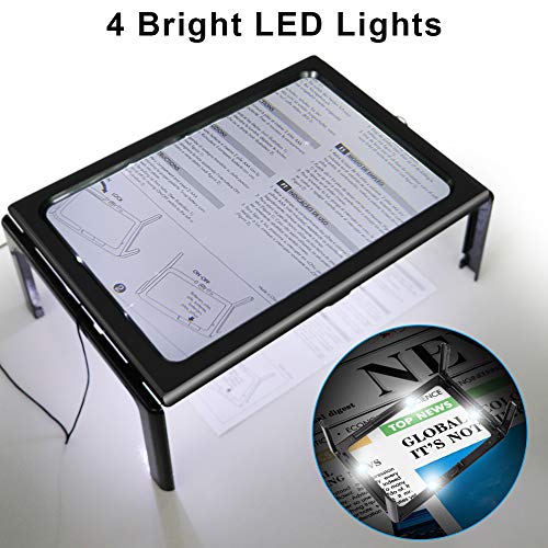 Lupas de Aumento con Luz, DIAOCARE Lupa de Lectura para Personas Mayores Ancianos, A4 Rectangular Página con 4 LED Soporte Plegable Manos Libres, Lupa con luz para Mapas, Libros, Ancianos, Joyas