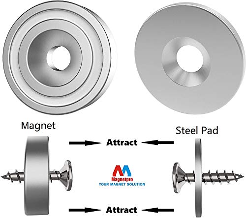 Magnetpro 12 imanes 10 kg fuerza 20 x 7 mm con orificio y cápsula, imán en recipiente avellanado de neodimio con tornillos y 12 cojines de acero