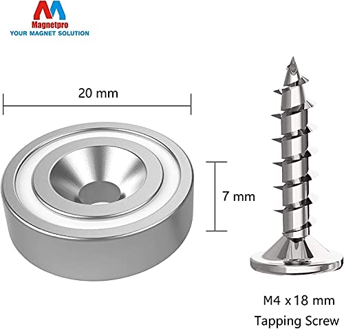 Magnetpro 12 imanes 10 kg fuerza 20 x 7 mm con orificio y cápsula, imán en recipiente avellanado de neodimio con tornillos y 12 cojines de acero