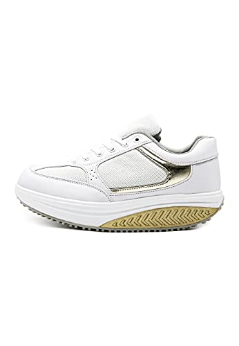 Mapleaf ortopédica Zapatillas Mujer Hombre Running Bambas Air Deportivas Zapatos para Tenis Futbol Baloncesto Andar Fitness Calzado Zuecos Comodos Antideslizante Atletico Trainer Zapato Oro Talla 38