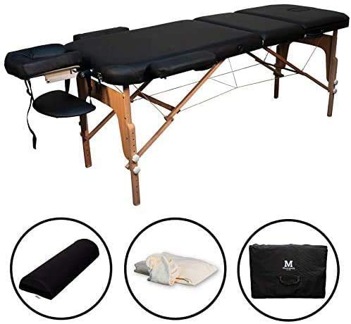 Massunda All - Tumbona de masaje plegable y de altura regulable de madera maciza, mesa de cosméticos móvil con funda de rizo, reposabrazos y respaldo, cojín cervical, reposacabezas ergonómico