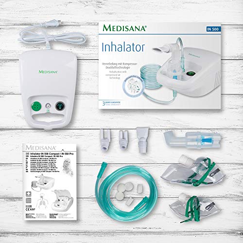 Medisana IN 500 Inhalador, nebulizador compresor con boquilla y mascarilla para adultos y niños, para resfriados o asma con accesorios extra y tubo largo