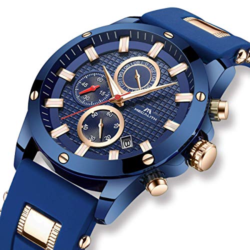 MEGALITH Reloj Hombre Azul Cronografo Reloj Grande Hombre Deportivo Analógico Reloj de Pulsera de Goma Impermeable Luminosos