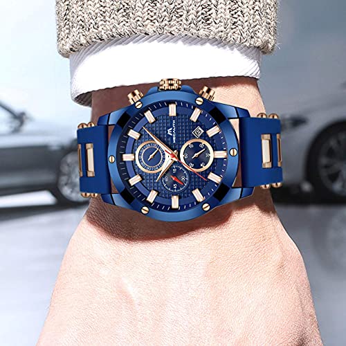 MEGALITH Reloj Hombre Azul Cronografo Reloj Grande Hombre Deportivo Analógico Reloj de Pulsera de Goma Impermeable Luminosos