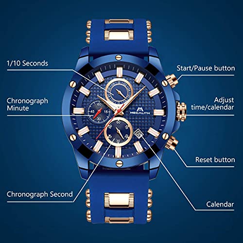 MEGALITH Reloj Hombre Azul Cronografo Reloj Grande Hombre Deportivo Analógico Reloj de Pulsera de Goma Impermeable Luminosos