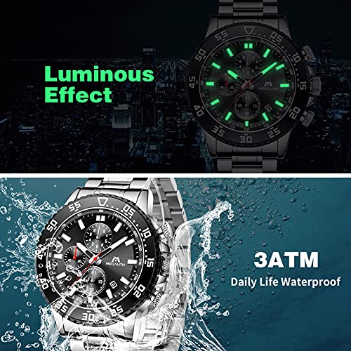 MEGALITH Reloj Hombre Militar Acero Inoxidable Negro Reloj de Pulsera Cronografo Esfera Grande Analógico Relojes Impermeable Luminoso Fecha