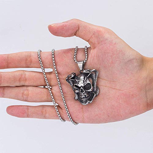 Men's Stainless Steel Devil's Hand Skull Snake Pendant Necklace, Vintage Charm Skeleton Head Clavicle Chain, Biker Gothic Style Halloween Jewelry