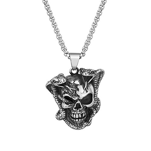 Men's Stainless Steel Devil's Hand Skull Snake Pendant Necklace, Vintage Charm Skeleton Head Clavicle Chain, Biker Gothic Style Halloween Jewelry