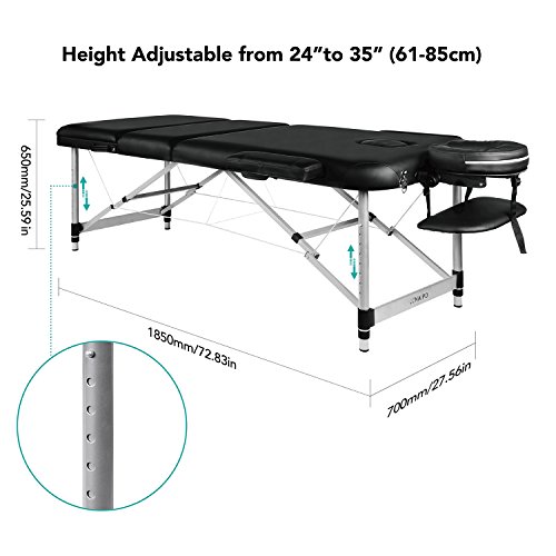 Mesa de Masaje Plegable Anchos 70cm de 3 Secciones Camilla Portátil y Profesional con Patas de Aluminio Respaldo Regulable Bolsa de Transporte Negro