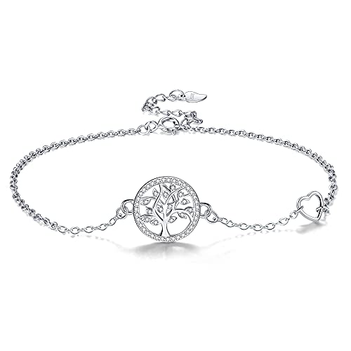 Micory Arbol de la Vida Tobilleras Pulseras Plata de Ley 925 Para Mujer con 3A Circonia Cúbica Verano Descalzo Playa, Ajustable 22+4cm