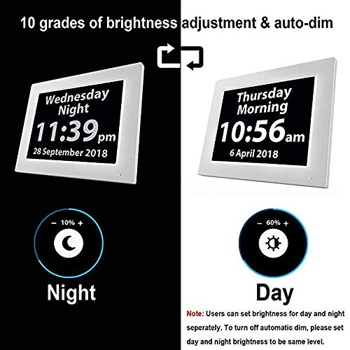 MIKLL Day Clock - Reloj Digital Grande, Sin Abreviaturas, para Ancianos y Pacientes con Demencia - 3 Opciones de Alarmas y Recordatorios de Medicamentos