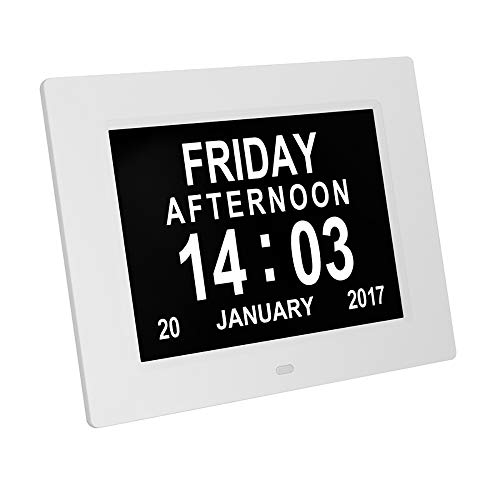 MIKLL Day Clock - Reloj Digital Grande, Sin Abreviaturas, para Ancianos y Pacientes con Demencia - 3 Opciones de Alarmas y Recordatorios de Medicamentos