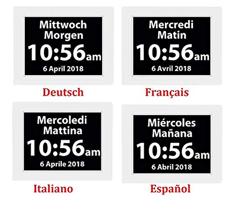 MIKLL Day Clock - Reloj Digital Grande, Sin Abreviaturas, para Ancianos y Pacientes con Demencia - 3 Opciones de Alarmas y Recordatorios de Medicamentos