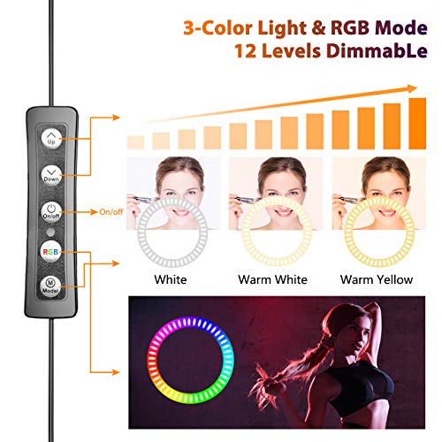 miracase MOVING LIFE Anillo de luz LED para selfie con mando a distancia, 10 pulgadas RGB con trípode y soporte para teléfono móvil para grabaciones de vídeo, vlog, maquillaje, streaming en directo