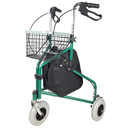 Mobiclinic, Modelo Caleta, Andador para adultos, Marca Española, para mayores, minusválidos o ancianos, de acero, ligero, plegable, con cesta y 3 ruedas, Color Verde