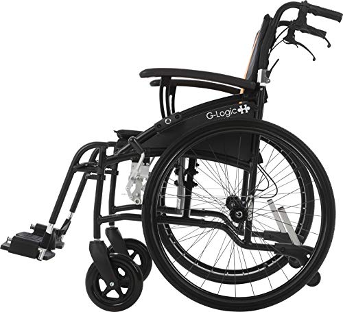 MobiQuip G-Logic, silla de ruedas autopropulsada manual, súper ligera, con marco de aluminio negro, plegable, con ruedas deportivas de liberación rápida de 60,96 cm y asiento naranja de 45,72 cm