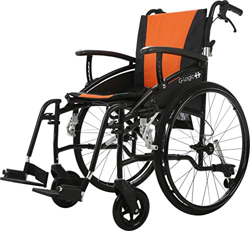 MobiQuip G-Logic, silla de ruedas autopropulsada manual, súper ligera, con marco de aluminio negro, plegable, con ruedas deportivas de liberación rápida de 60,96 cm y asiento naranja de 45,72 cm