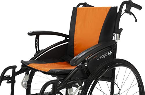 MobiQuip G-Logic, silla de ruedas autopropulsada manual, súper ligera, con marco de aluminio negro, plegable, con ruedas deportivas de liberación rápida de 60,96 cm y asiento naranja de 45,72 cm