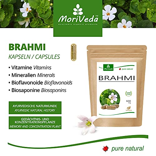 MoriVeda® Brahmi Cápsulas l Paquete de 2 meses l Polvo de la planta de la memoria con 600mg de peso de la cápsula l Vegano y sin aditivos l 120 piezas