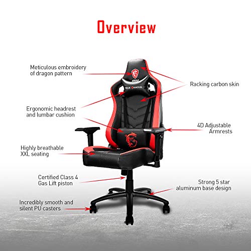 MSI MAG CH110 - Silla gaming negra y roja con diseño de fibra de carbono, estructura de acero, reposabrazos 4D ajustables, espuma transpirable, almohadilla ergonómica para la cabeza