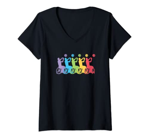 Mujer Retro ascenso arco iris silla de ruedas jugador de baloncesto Camiseta Cuello V