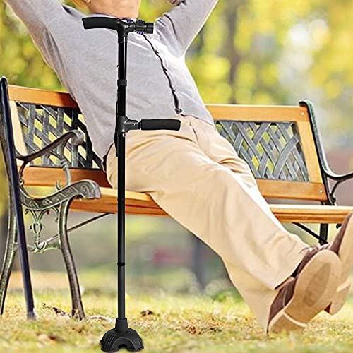 Muleta Plegable con Dos Manijas, Ligero Muleta Ajustable para Caminar con Estable Base de Cuatro Patas y LED Linterna para Adultos Ancianos Hombre y Mujer (Dos Manijas)