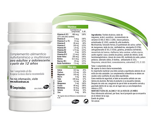 Multicentrum Complemento Alimenticio Multivitaminas con 13 Vitaminas y 11 Minerales, Sin Gluten, para Adultos y Adolescentes a Partir de 12 Años, 90 Comprimidos