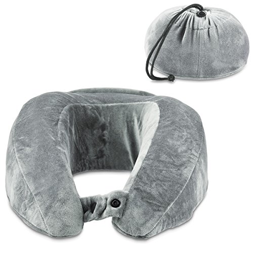 Navaris Almohada de Viaje con Bolso Integrado - Almohada Cervical de Espuma viscoelástica - cojín de Descanso para Cuello - Pillow en Gris Claro