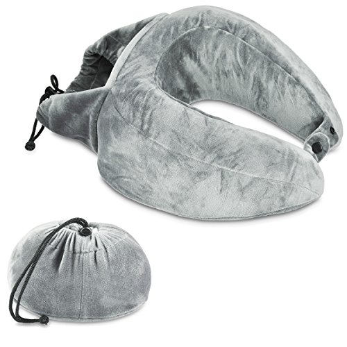 Navaris Almohada de Viaje con Bolso Integrado - Almohada Cervical de Espuma viscoelástica - cojín de Descanso para Cuello - Pillow en Gris Claro