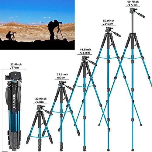 Neewer Trípode Portátil Aleación de Aluminio 177cm para Cámara Monopié con Cabezal Giratorio de 3 Vías Bolsa para Cámara DSLR Videocámara de DV Carga hasta 4 kg Azul (SAB264)